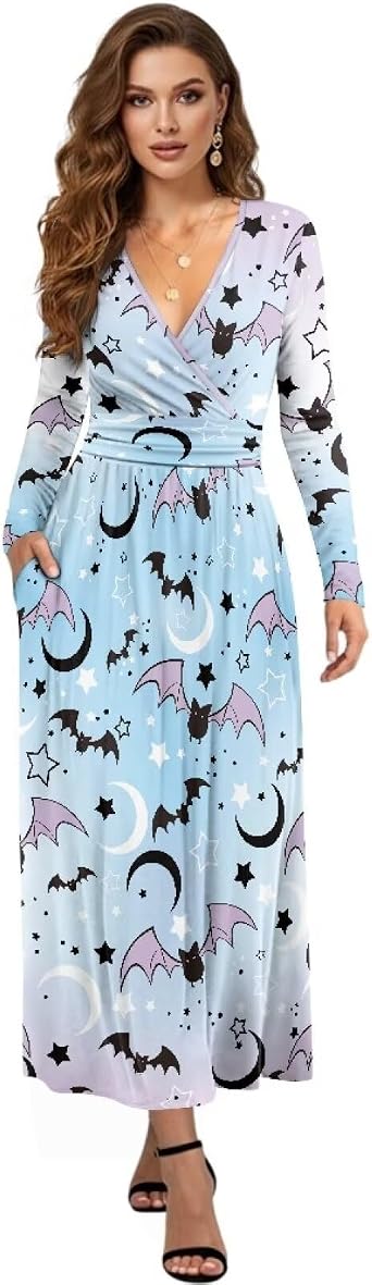 TODIYADDU Womens Long Sleeve Maxi Dress V Neck Dresses for Halloween/Thanksgiving/Christmas S-3XL