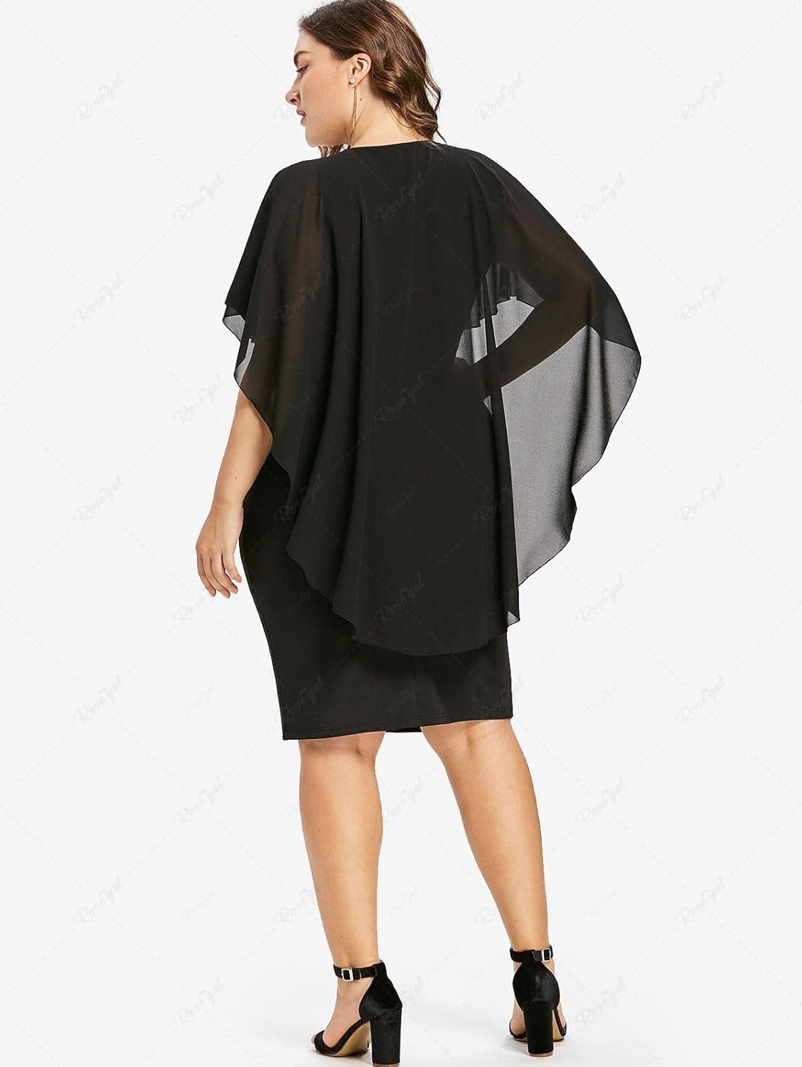 ROSE GAL Rosegal Plus Size Women Flower Applique Chiffon Overlay Bodycon Pencil Cape Dress for Wedding Cocktail Party Work