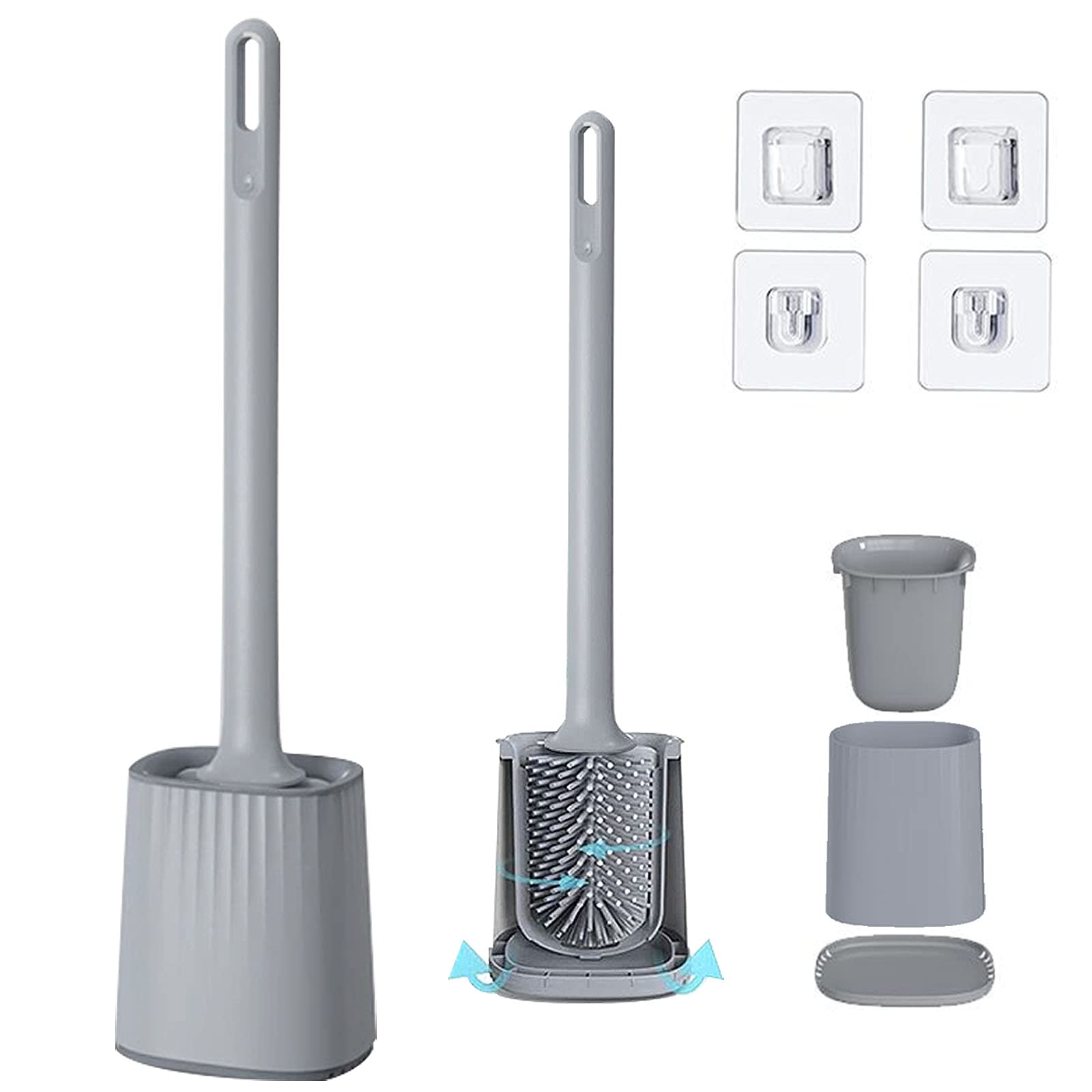 Tecprod Grey Toilet Brush With Holder, Silicone Toilet Brushes Wall-Mounted Multifunction Toilet Cleaner Brush With No-Slip Long Plastic Handle And Flexible Bristles For Bathroom Toilet (Grey)