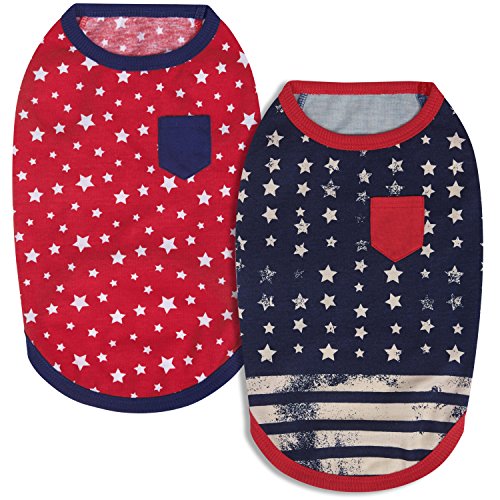 Blueberry Pet Pack of 2 Soft & Comfy Patriotic Spirit USA Stars Stripes American Flag Cotton Blend Dog T Shirts, Back Length 16", Clothes for Dogs