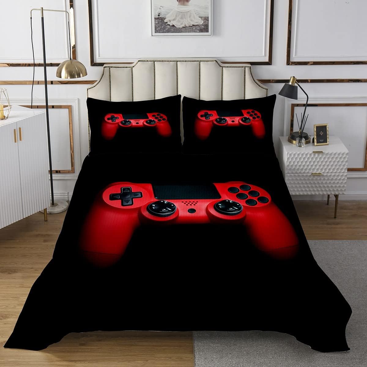 Feeyou Gamer Quilt Set 3Pcs Game Controller Coverlet for Kids Boys Teens Queen Size Gaming Bedspread for All Season (1 Quilt & 2 Pillowcases)