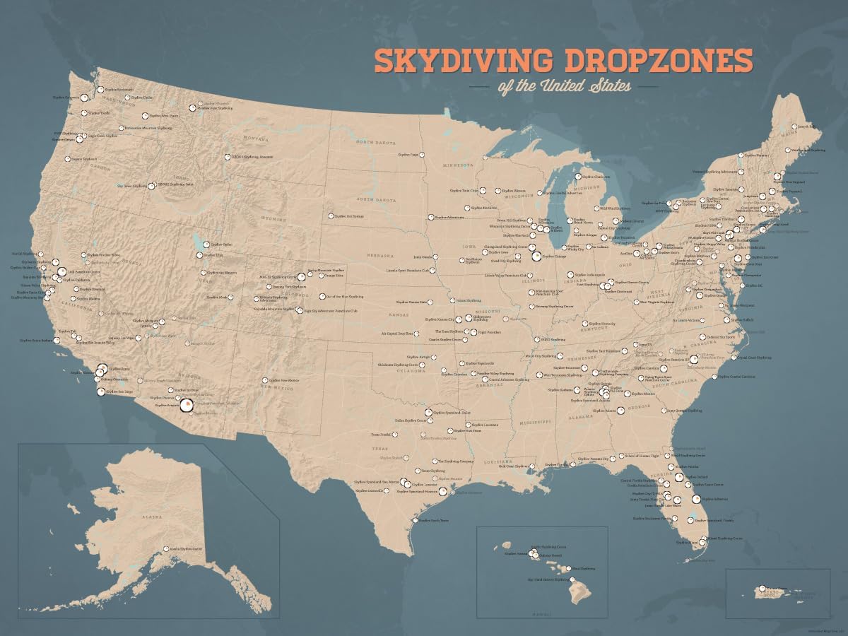 Best Maps Ever US Skydiving Dropzones 18x24 Poster (Tan & Slate Blue | Walnut Frame)