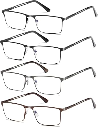 Blue Light Blocking Reading Glasses For Men with Spring Hinges Rectangular Reader Full Frame Ultralight Metal Frame