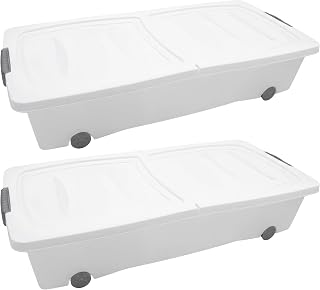 Spetebo XXL Unterbettkommode mit Klappverschluss 2er Set - 40 Liter - Aufbewahrungs-Rollbox mit zweigeteiltem Deckel in weiß - Universal Aufbewahrungsbox Unterbett Box Spielzeugkiste mit Rollen