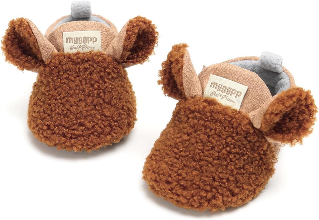 Baby Infant Soft Plush Slippers Cartoon Toddler, Brown, 6-12 Months