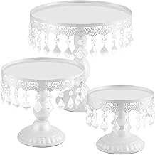 Eaasty 3 Pcs Cake Stand Set Round Cake Stand with Crystal Bling Pendants Dessert Table Display Set for Wedding Event Birthday Party Dessert Table(White)