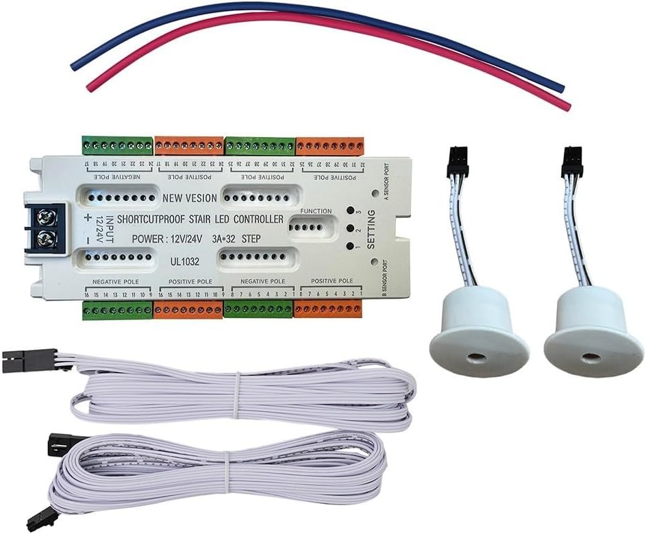 32 Channel Staircase LED Motion Sensor Light Controller for Indoor Use with 12V-24V DC, Dual A/B Sensors, 120° Detection, Short Circuit Protection