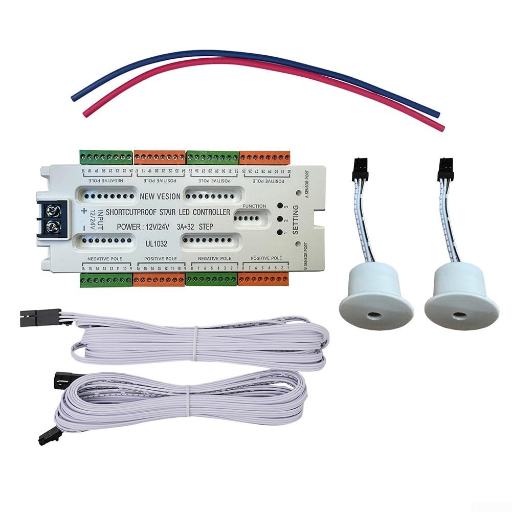 32 Channel Staircase LED Motion Sensor Light Controller for Indoor Use with 12V 24V DC Input, Dual A/B Sensors, Short Circuit Protection