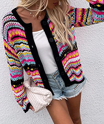 Image of xxxiticat Women's Rainbow Knitted Cardigan Sweater Long Sleeve Multicolor Striped Sweater Jumpers Open Front Jacket