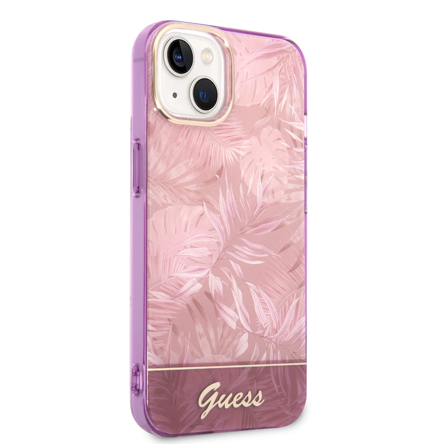 Guess - Funda para iPhone 14 Plus en Hojas Rosadas IML, PC/TPU, Funda rígida cómoda y Duradera con Puertos accesibles, absorción de Golpes y Logotipo de la Firma