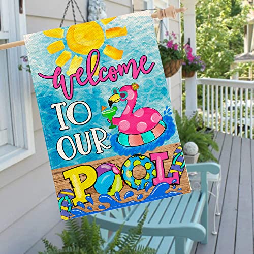 Baccessor Summer Pool House Flag Vertical Double Sided Summer Welcome To Our Pool Large Yard Flag Double Sided 28X40 Inch Burlap Vertical Seasonal Farmhouse Yard Outdoor Decoration #TOP1