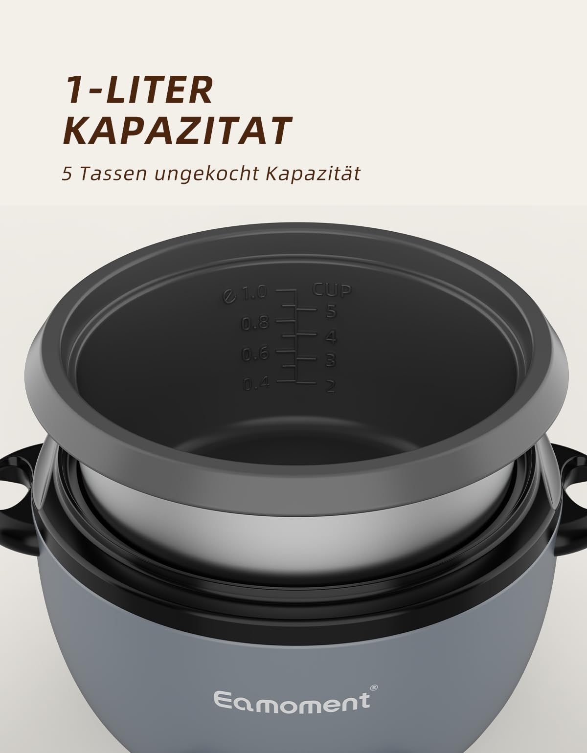 ERC-5P07SL 1L | 400W Reiskocher & Schwarzer Dämpfeinsatz Warm & Kochen 1-5 Personen Antihaft-abnehmbarer Topf, Messbecher Spatel, Aufstellbarer Knopf,Silber