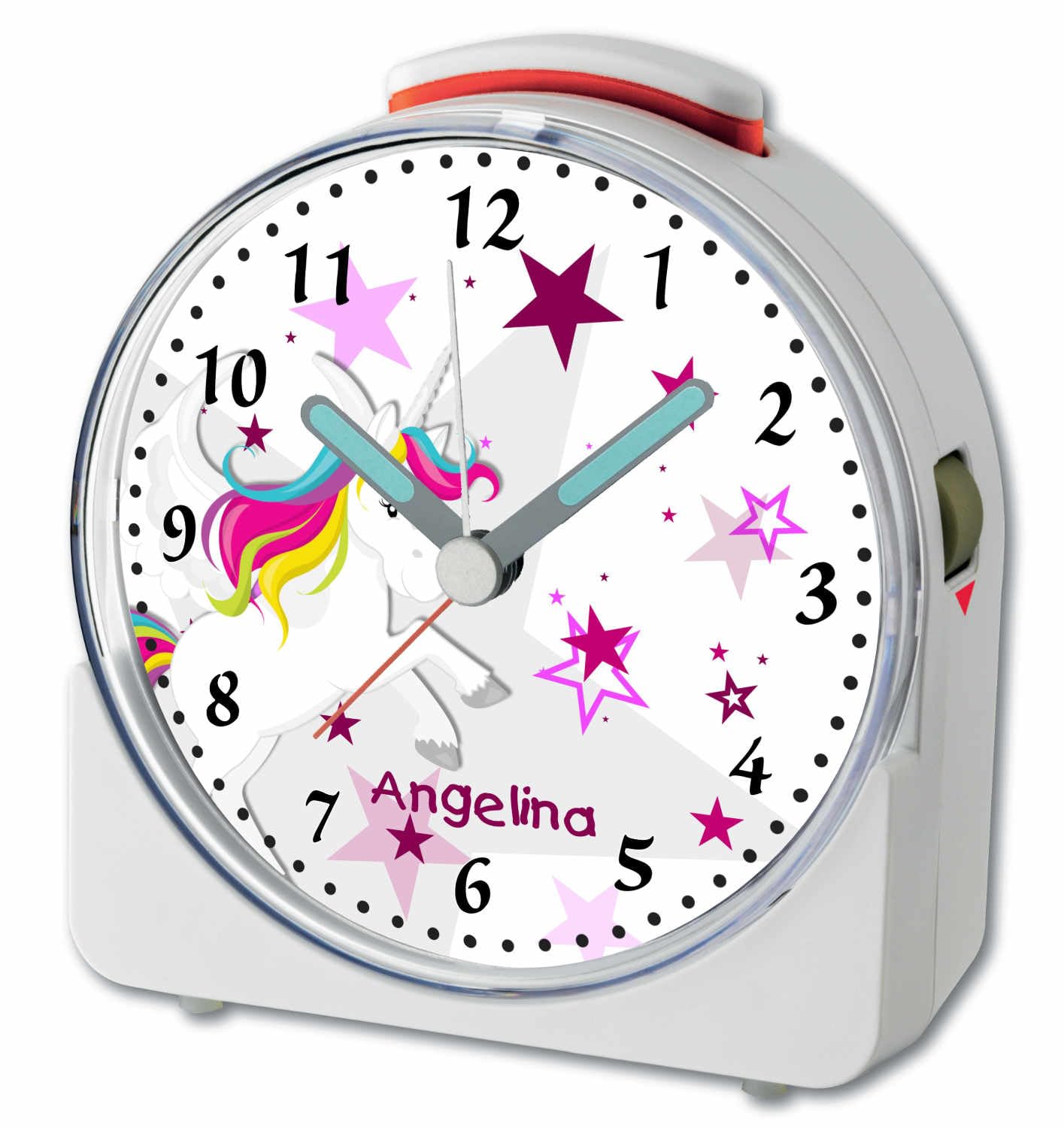 WU-71-1129-02, Einhorn Rosa, analog Kinderwecker weiß, Funkwecker mit Sweep-Uhrwerk und fluoreszierenden Zeiger und Licht, personlisiert mit Namen, 10,2 x 4,6 x 11 cm
