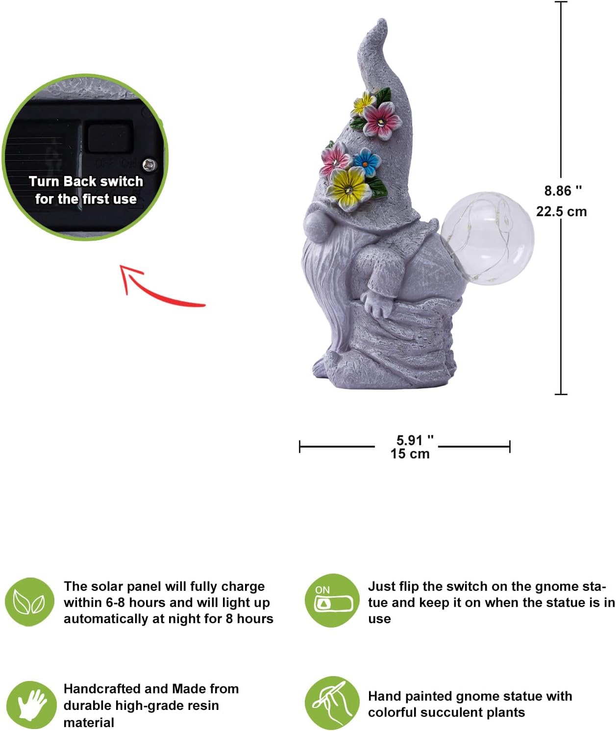 Nacome Solar Funny Gnome for Garden Decor: Durable Resin Statue All-Weather Automatic On/Off Switch Bubble Outdoor Outside Patio Porch Front Pathway - Gifts for Mom Grandma Lady