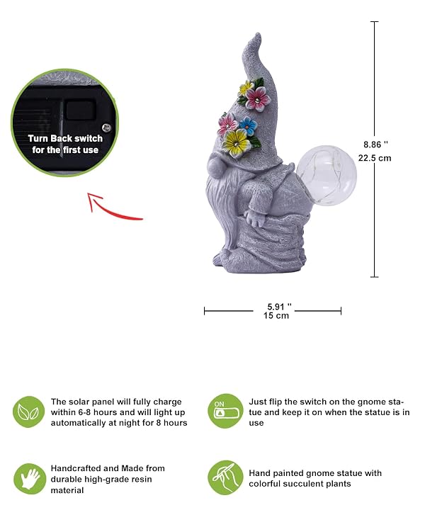 Nacome Solar Funny Gnome for Garden Decor: Durable Resin Statue All-Weather Automatic On/Off Switch Bubble Outdoor Outside Patio Porch Front Pathway - Gifts for Mom Grandma Lady by Nacome - Image 2
