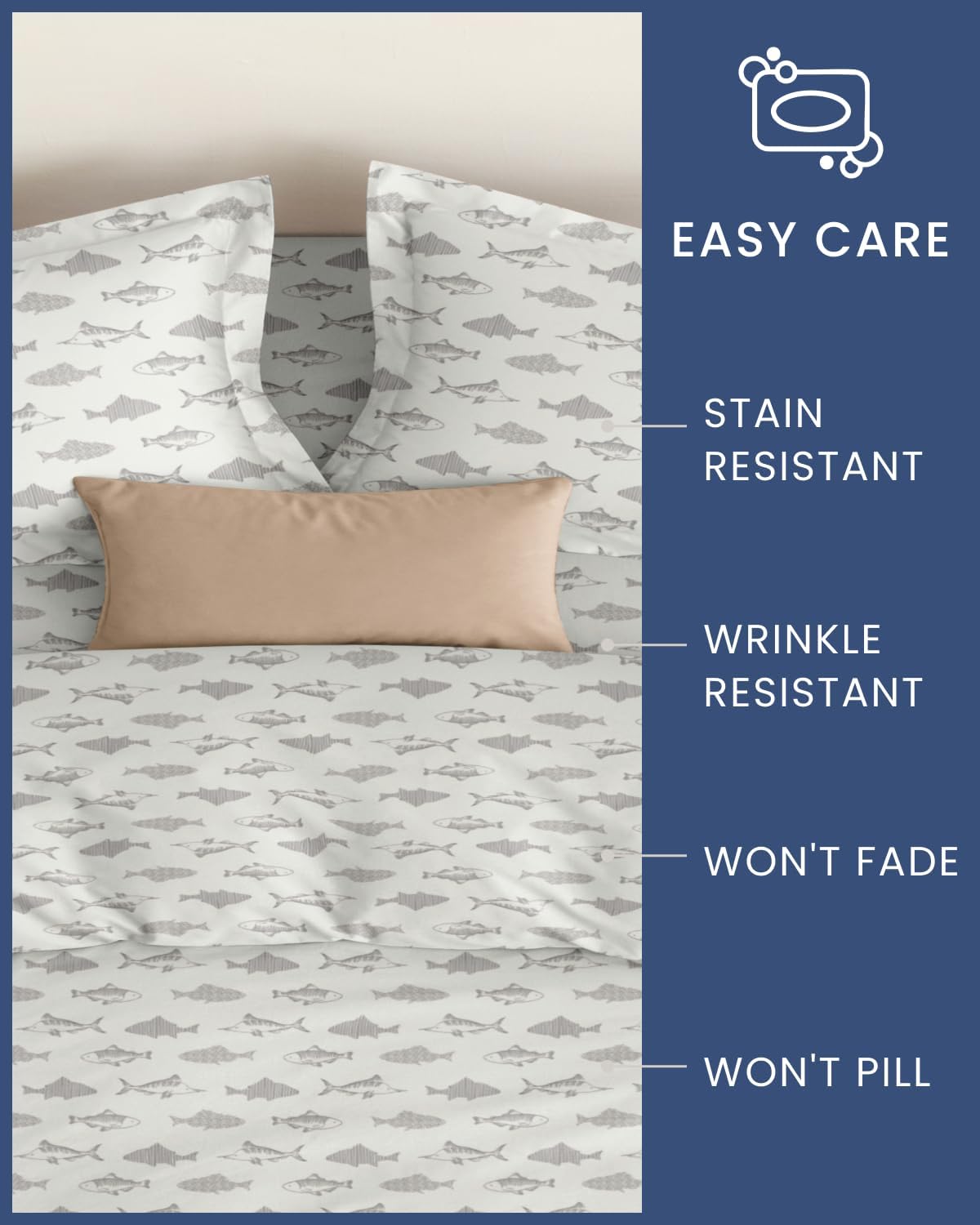 Kids Duvet Cover Set Queen Size - 3 Piece Fish Microfiber Duvet Cover Set & 2 Pillow Shams w/ Zipper Closure & Ties - Easy-Care - Super Soft, Cute & Cozy Bedding Set for Kids, Boys, Girls and Teens