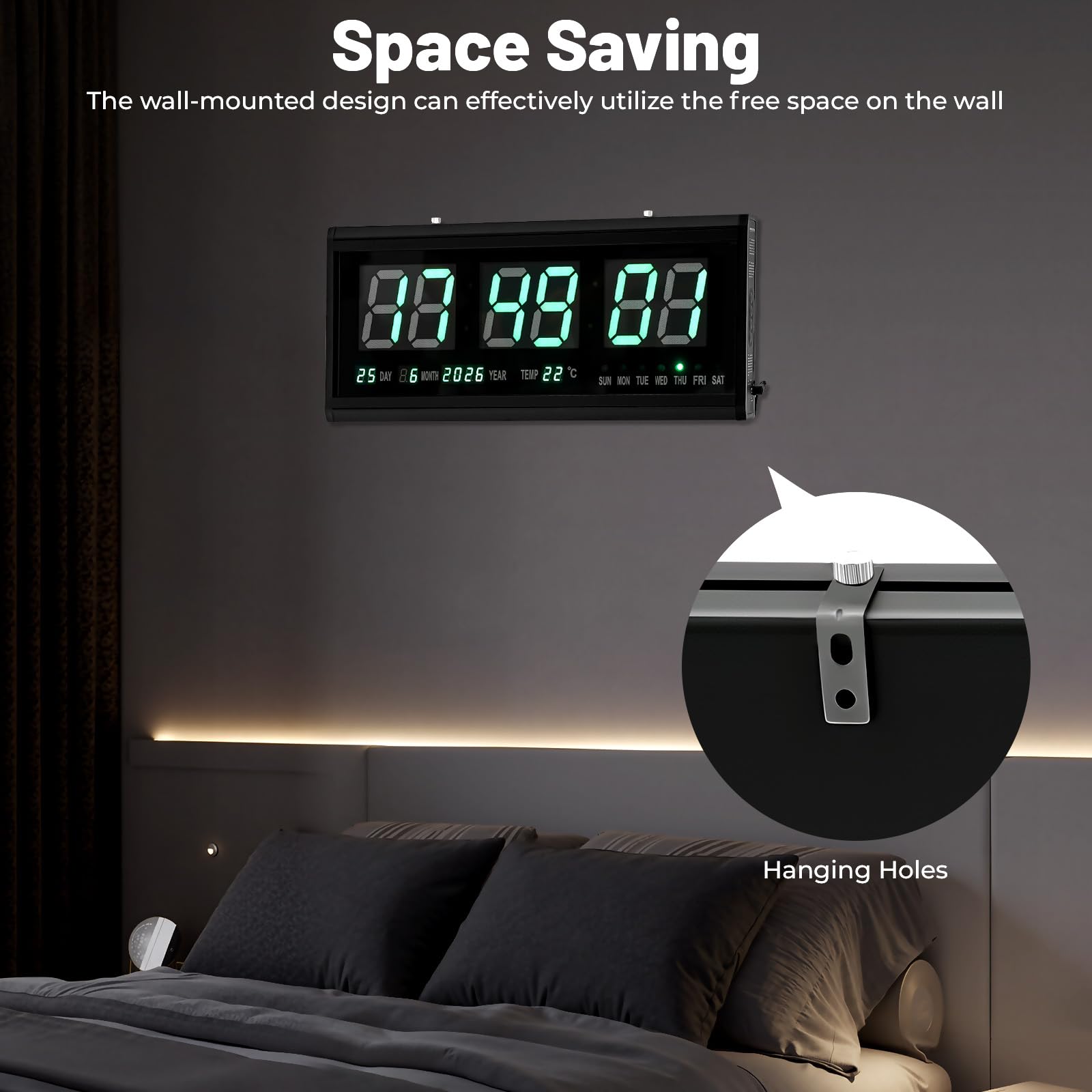 Zegar ścienny LED, 48 cm, z temperaturą, datą i dniem tygodnia, cyfrowy zegar bezgłośny (48 x 19 cm), zielone świecące cyfry, automatyczne ściemnianie, aluminium i szkło – do salonu, kuchni