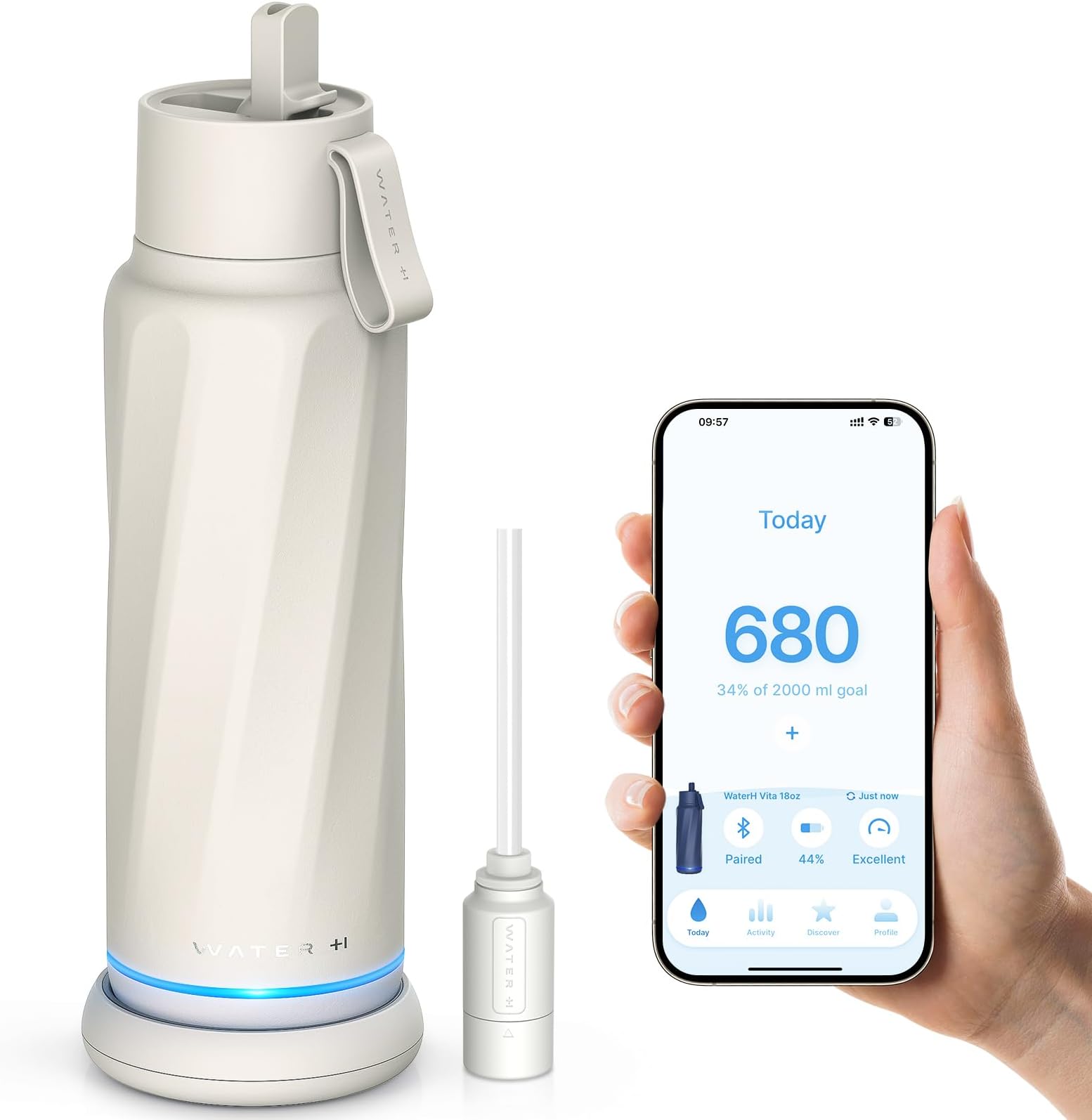 WaterH Vita Smart Water Bottle with Reminder to Drink Water, BPA-Free Vacuum Insulated Water Bottles with Filter & Straw, Bluetooth Intake Water Tracking Bottle, Ideal for Gift (18 oz)