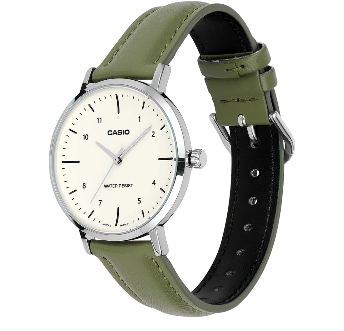 Casio LTP-VT03L-3B Women's Minimalistic Green Leather Band Beige Concave-Shaped Dial 3-Hand Analog Watch