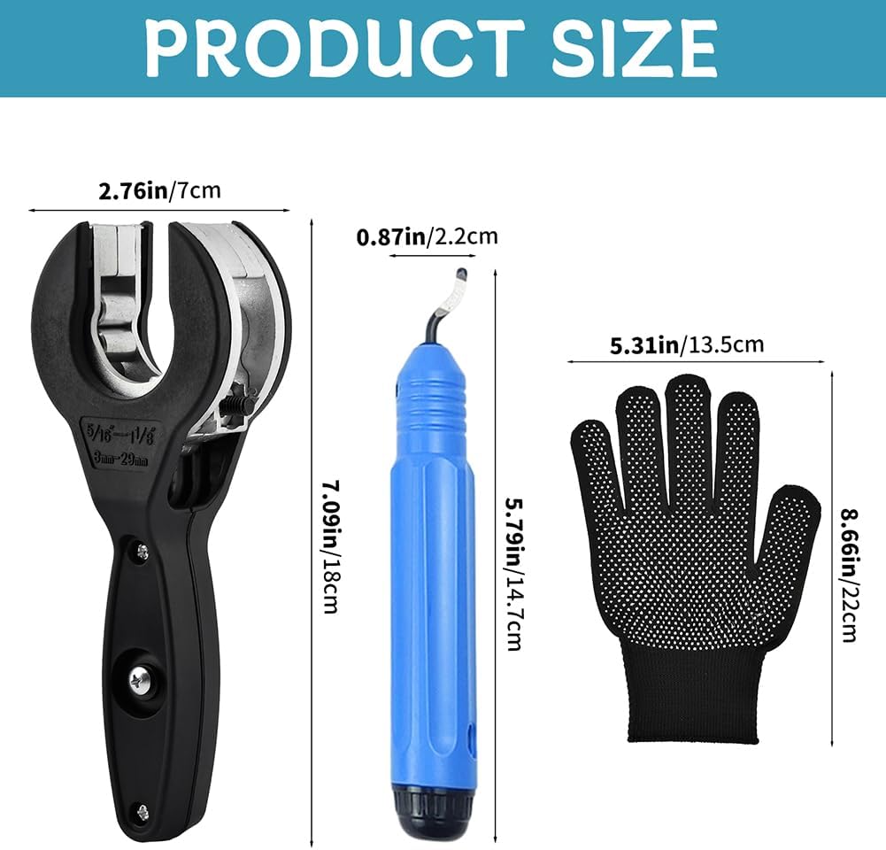 Ratcheting Tubing Cutter, 5/16"-1-1/8"| Compact 2-in-1 Close Quarters Tube Compact Cutter, for Copper, Brass and Aluminum, with 1 Trimming Knife, 4 Knife Heads, 1 Gloves