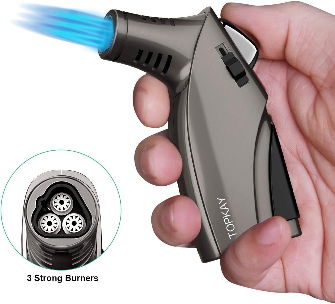 TOPKAY Torch Lighter, Cigar Lighter, Pipe Lighter, Triple Jet Flame Torch Lighter, Windproof Refillable Butane Gas Torch Lighter with Cigar Punch, Safety Lock, Zinc Alloy Material (Sold Without Gas) : Health & Household