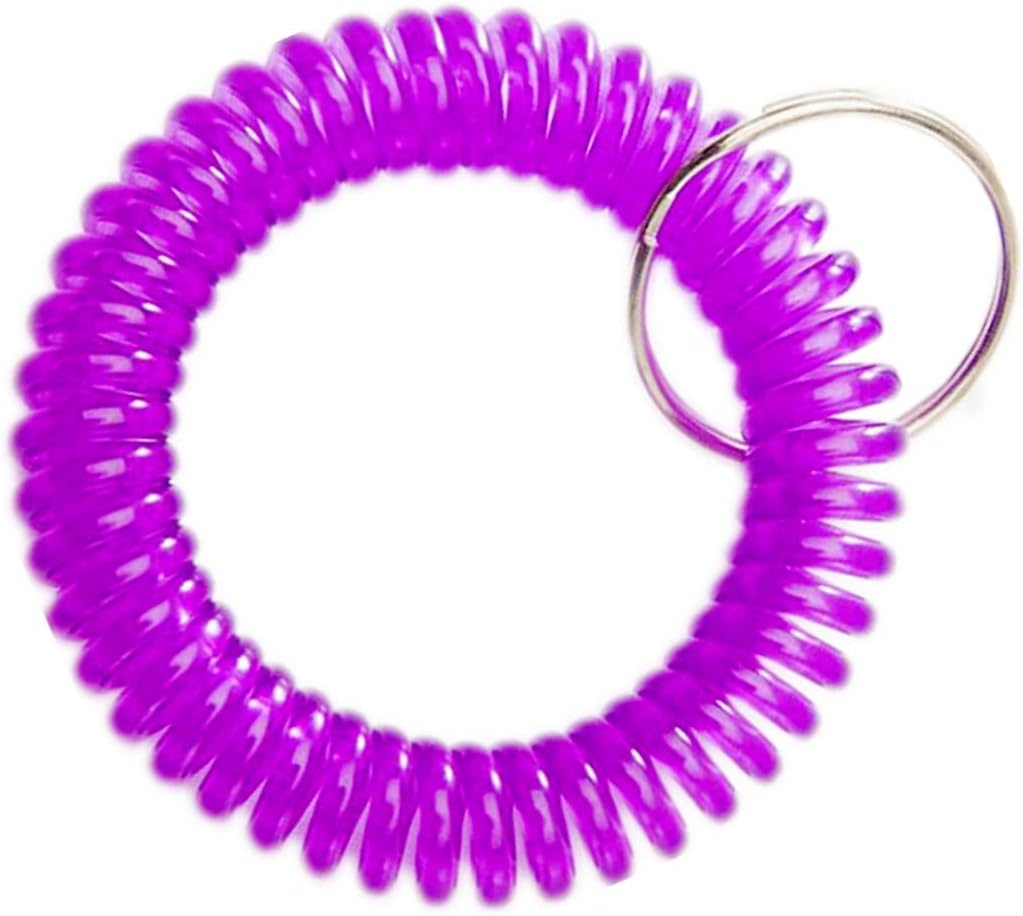 Pack of 50 Flexible Stretchable Clear Color Plastic Spring Spiral Wrist Coil Band Key Chain Ring Tag for Sport Yoga Sauna Pool Office School (Purple)