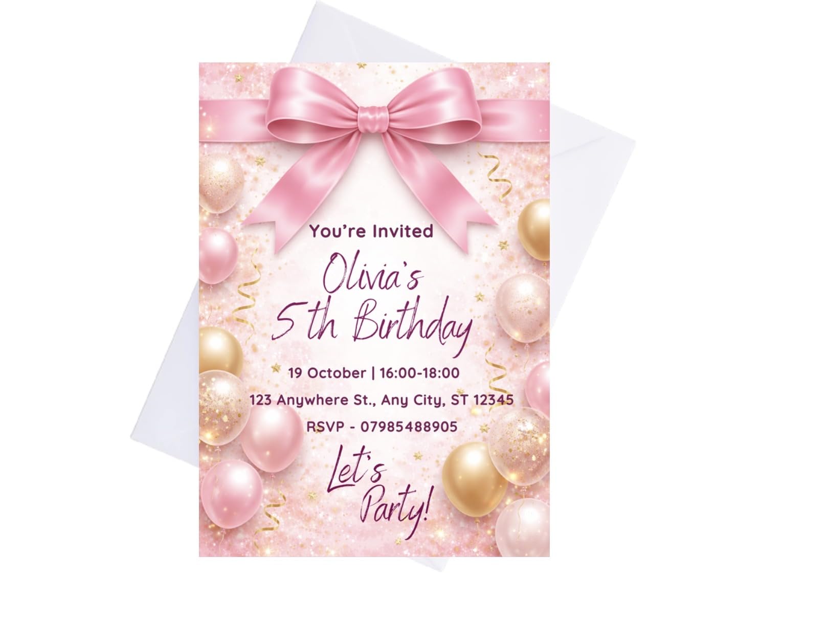 Personalised Birthday Party Invitations for Girls – Pink Bow & Balloon Design – Custom Name & Details – A6 or A5 Size – Matte 300gsm Card – Kids Birthday Invites (10, A6 & Envelopes)