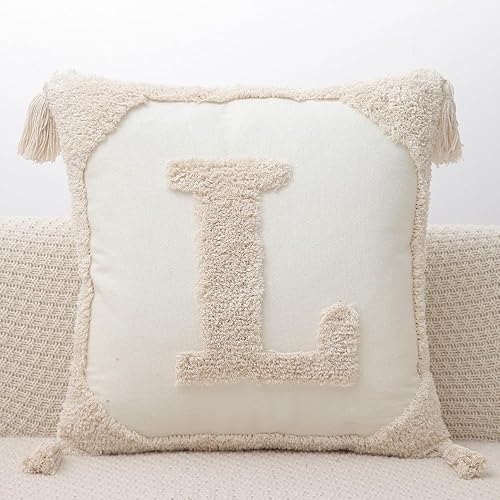 Fundas de almohada con monograma con borlas de 18 x 18 pulgadas, fundas de almohada modernas de lona de algodón con letras del alfabeto L para sofá,