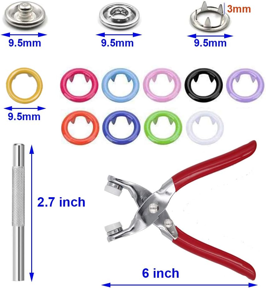 ZTWEDEN 200 Sets Metal Snaps Button Tool Kit Snap Fasteners Hollow Prong Snap Button with Setting Tool for Clothing Crafting Sewing,Leather Snaps Buttons for Jeans Wears Bags(10 Colors,9.5mm)
