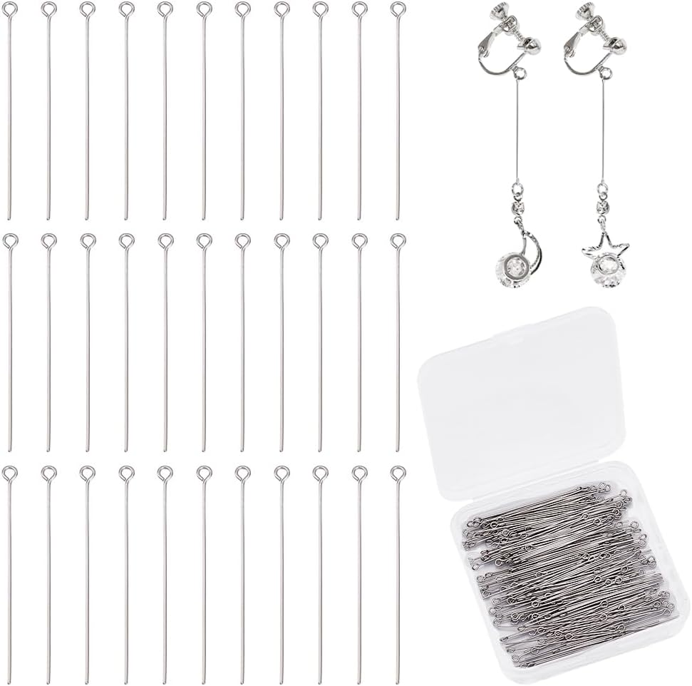 PH PandaHall About 205 Pcs 304 Stainless Steel Head Pins Findings Eye Pin Length 1.5 Inch 23-Gauge for Jewelry Making