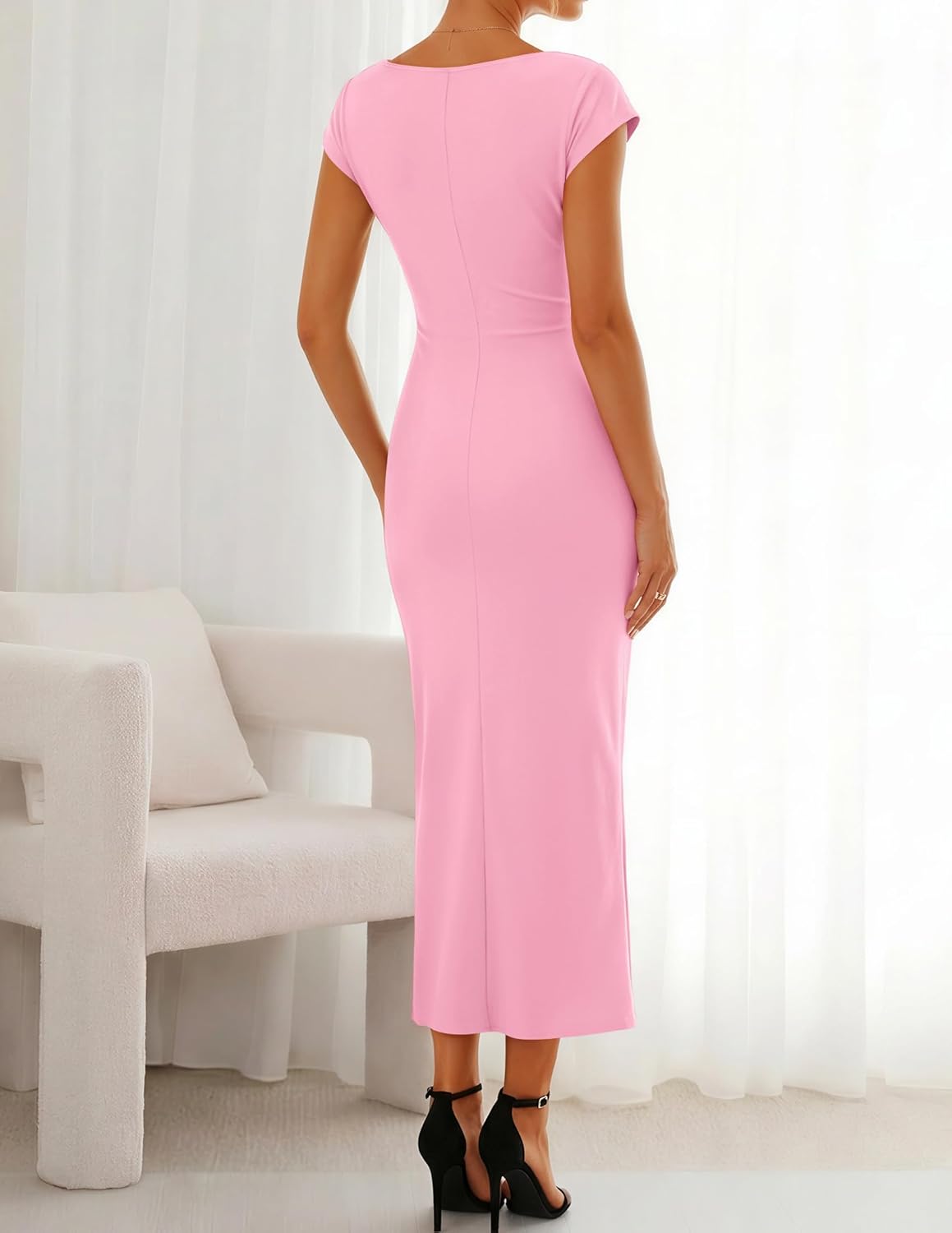 ZESICA Women's Summer Cap Sleeve Bodycon Midi Dresses 2026 Formal Ruched Wedding Guest Cocktail Party Long Dress - Image 3