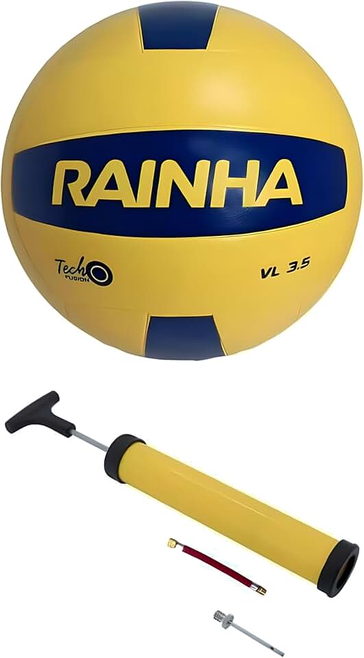 Bola de Vôlei Profissional Rainha 3.5 Amarela e Azul Com Bomba De Encher– Superfície Lisa, Oficial, Leve e Resistente para Jogos, Treinos, Quadra, Praia e Lazer.