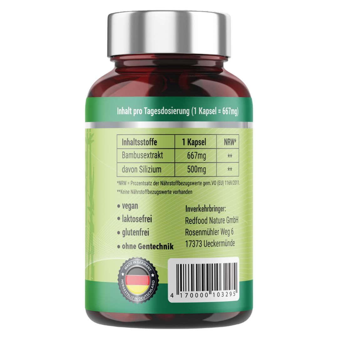 Redfood® Silizium Kapseln hochdosiert - 90 Kapseln für 3 Monate - 667mg - organisches Silica hochdosiert aus Bambusextrakt pro Kapsel - Ohne Zusätze, in Deutschland produziert Vegan