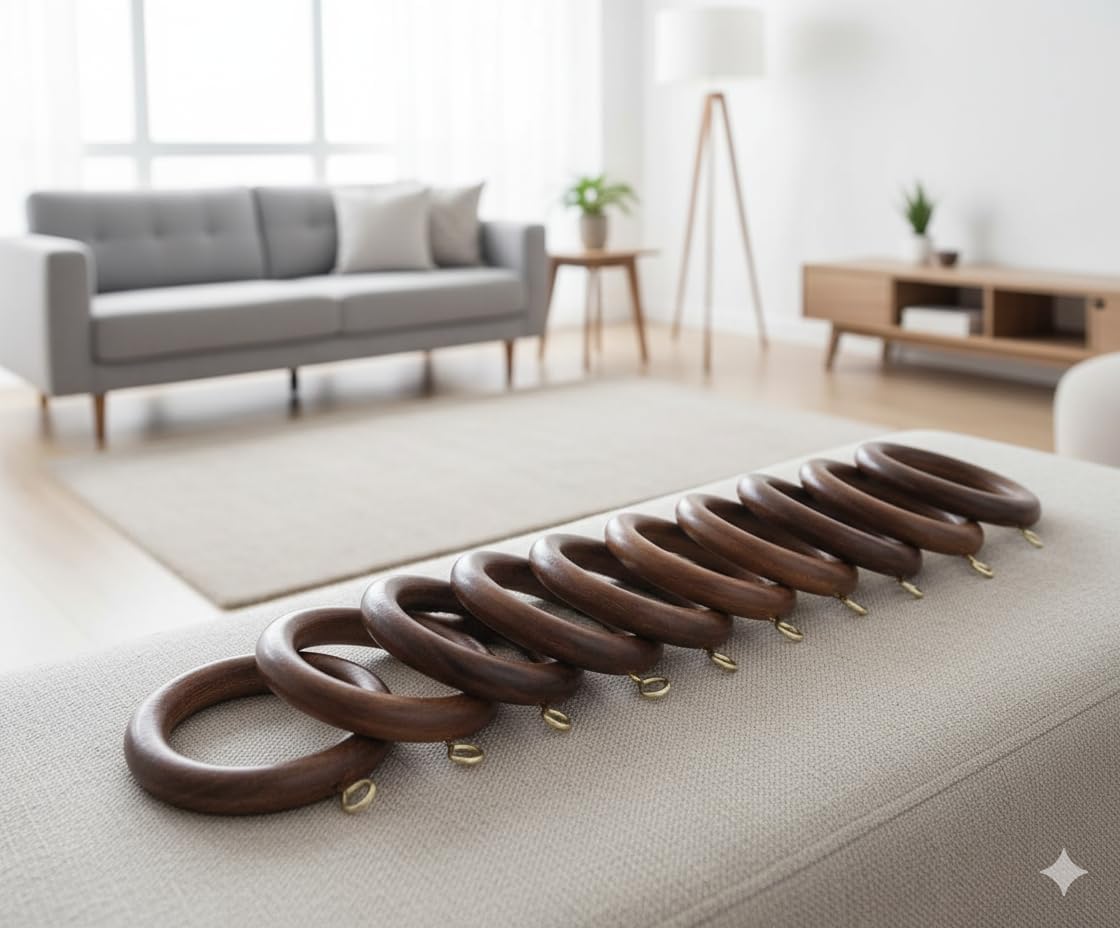 Premium Wooden Window Curtain Drapery Rings with Hooks and Clips Curtain Rod Pole(12Pcs-Inner Día 1.7 Inch, Outer Día 2.5 Inch)