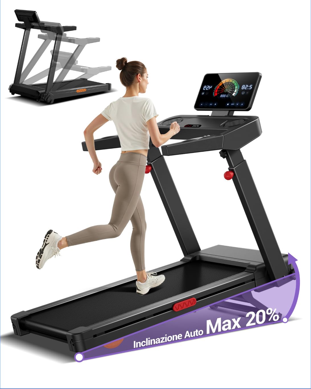 UMAY Tapis Roulant con Inclinazione 20% Automatica, Carico Massimo 180 KG | 14KM/H Tapis Roulant Elettrico con Console Regolabile su 4 Livelli, 3,5 HP Tapirulan Pieghevole
