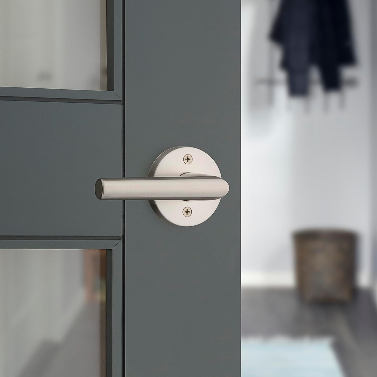 Kwikset Milan Dummy Door Handle, Single Sided Lever for Closets, French Double Doors, and Pantry, Satin Nickel Non-Turning Reversible Interior Push/Pull Lever
