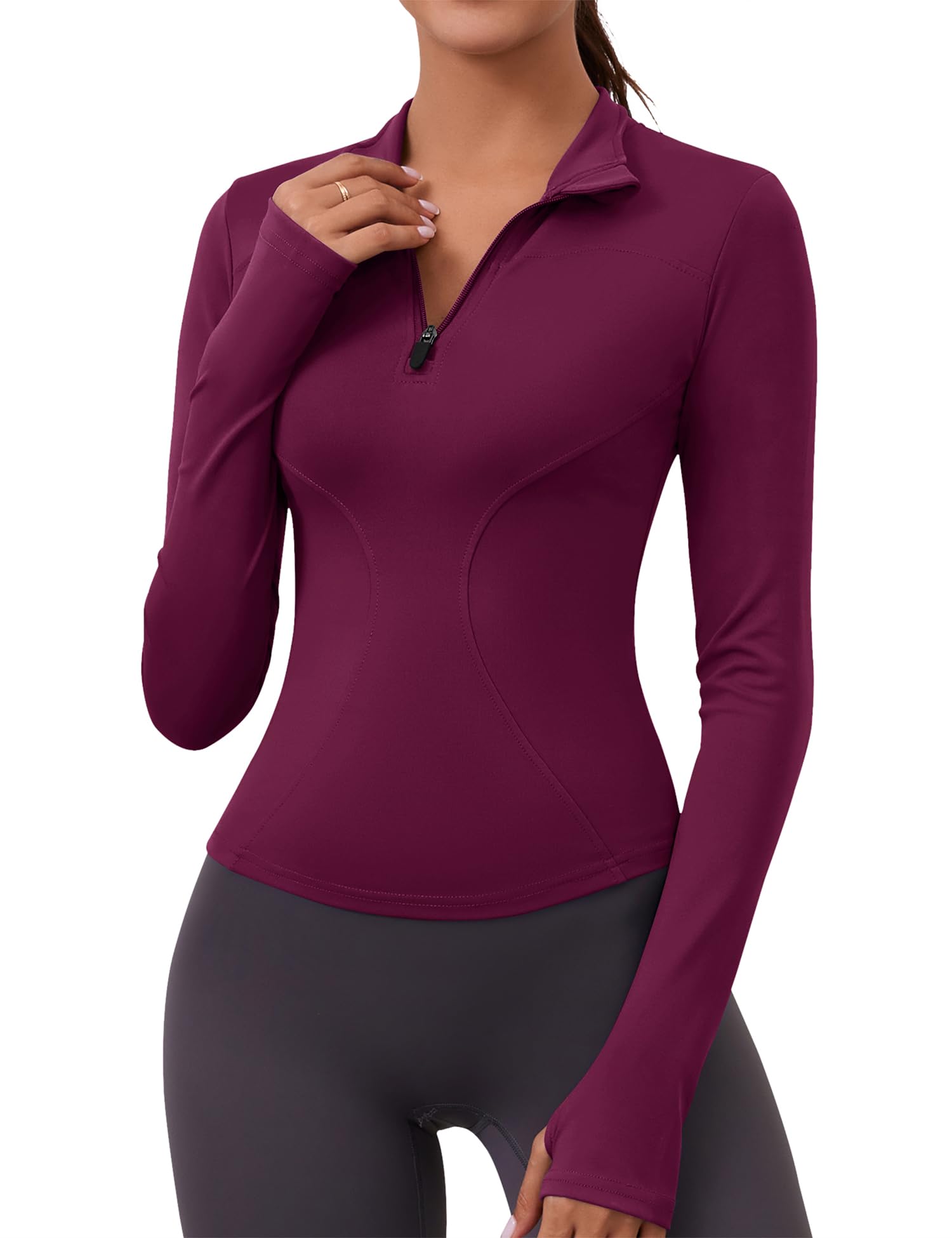 Rapbin T-Shirt Damen Sport Fitness Top Langarm Shirt Leicht Atmungsaktiv Funktionsshirt Laufshirt mit 1/4 Reißverschluss und Daumenloch Burgunderrot S
