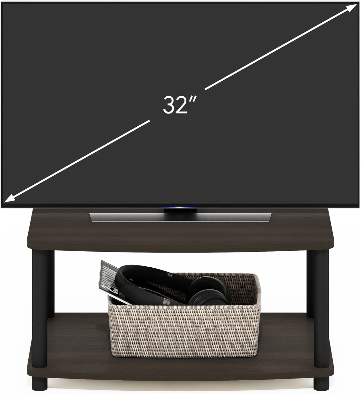 Pemberly Row Turn-N-Tube Wood Elevated TV Stand, 23.8" W x 15.8" D x 11" H, Composite Wood and PVC, Brown/Black Finish, Holds up to 25" TV, Functional Design for Living Room or Entertainment Space