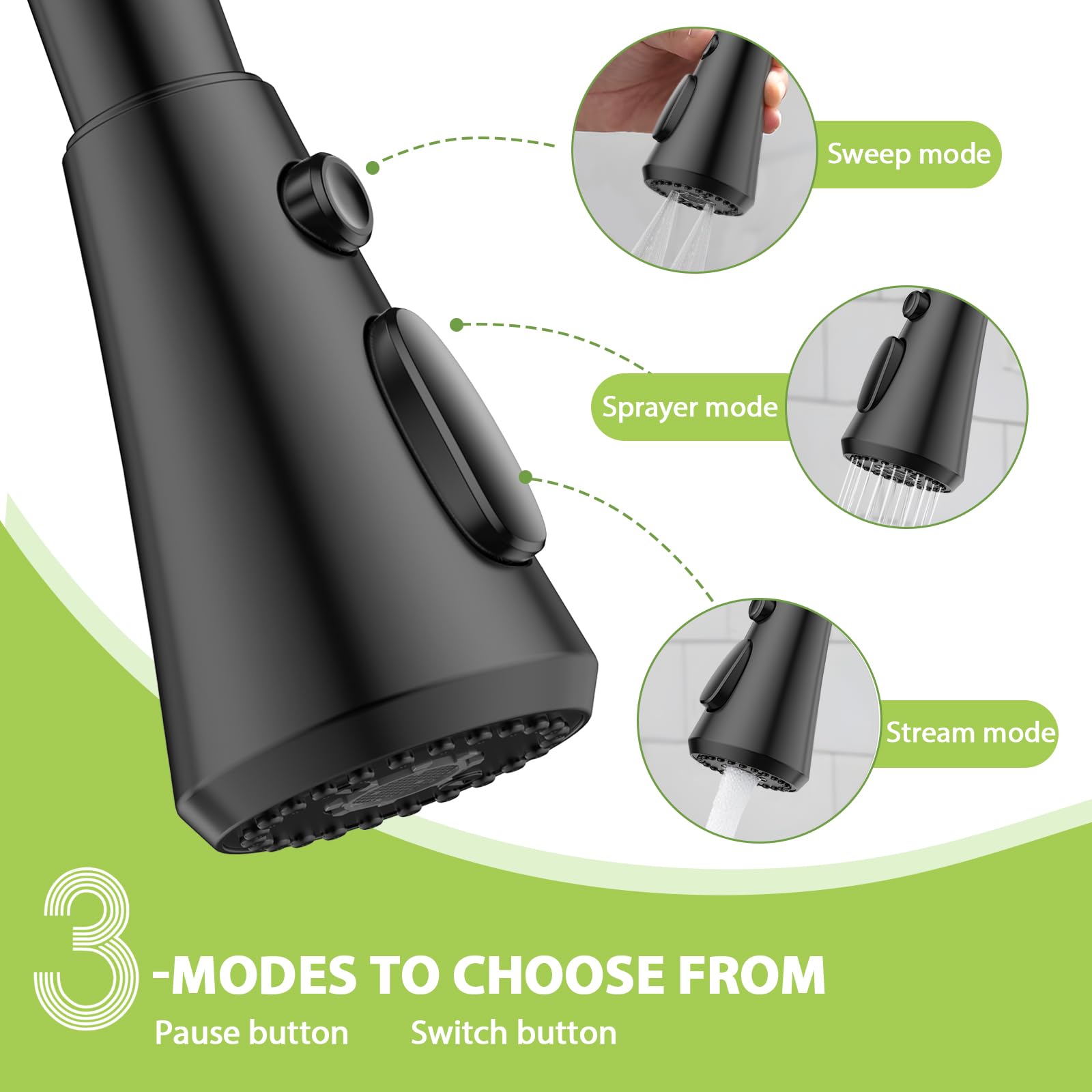 Hurran Robinet de Cuisine Avec 3 Modes de Pulvérisation, Robinet Cuisine Pivotant À 360° avec Tuyau en Silicone, Mitigeur en Acier Inoxydable, Noir Mat