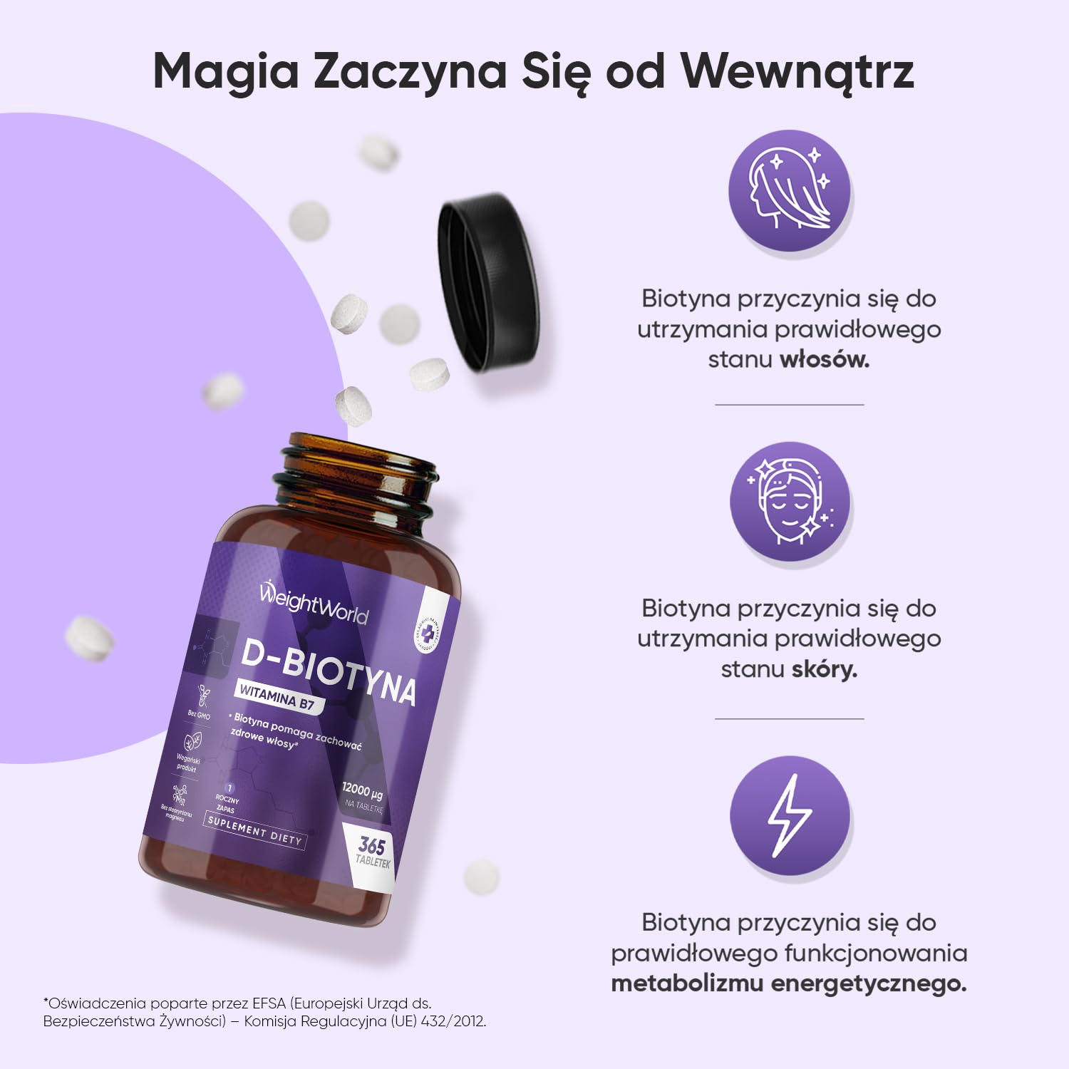 Biotyna 12 000 mcg – 365 tabletek suplementu witaminy B7 dla kobiet i mężczyzn, Biotyna przyczynia się do utrzymania prawidłowego stanu włosów (EFSA) – na 1 rok, wegańska