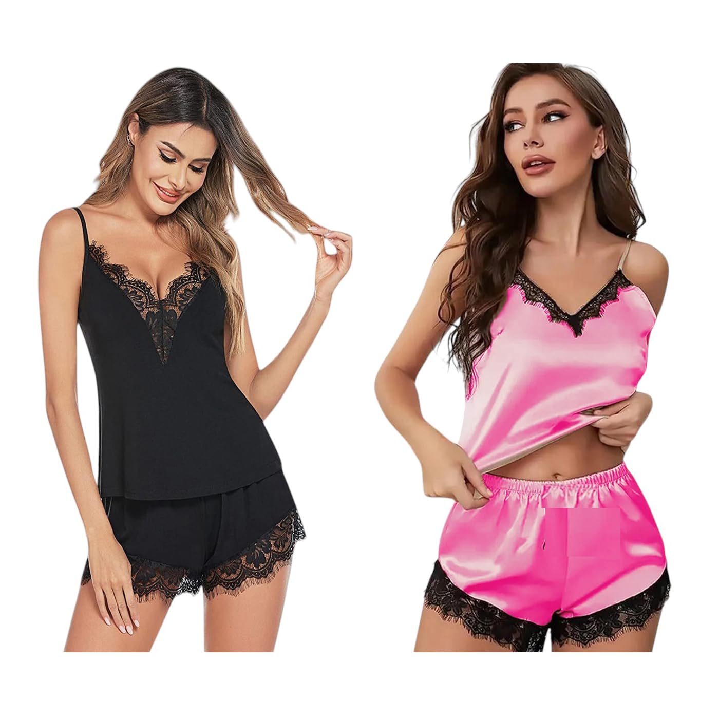 Women's Satin Sleepwear Set with Lace Trim – 2-Piece Cami Top and Shorts, Adjustable Straps, and Elegant Design (Black and Pink) Free Size-image-23