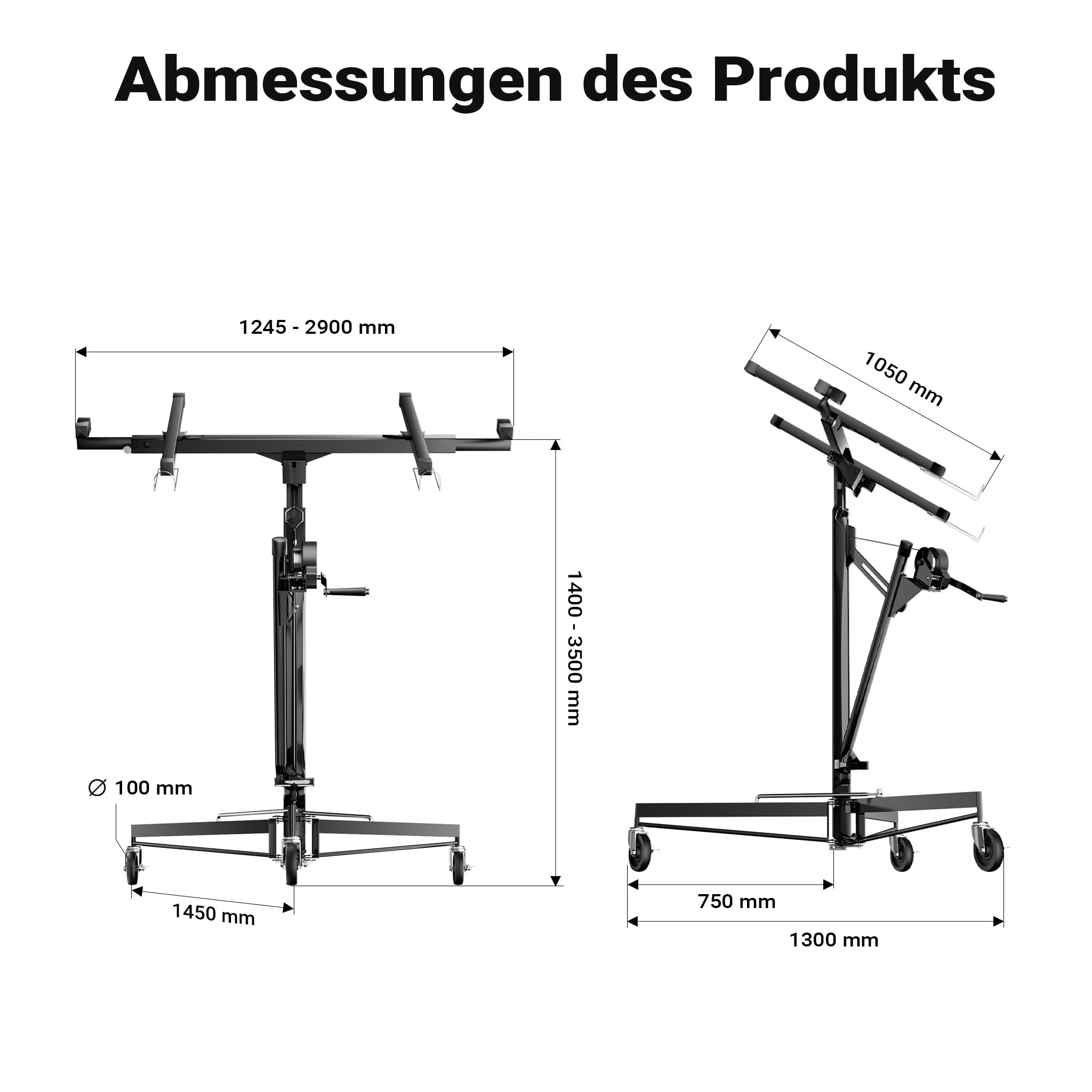 Wiltec XXL Plattenheber bis max. 68 kg, Höhe 140-350 cm, max. Breite 2,90 m, Trockenbau Montagehilfe 1-Mann-Bedienung, 3 Räder mit Feststellbremse, schwarz