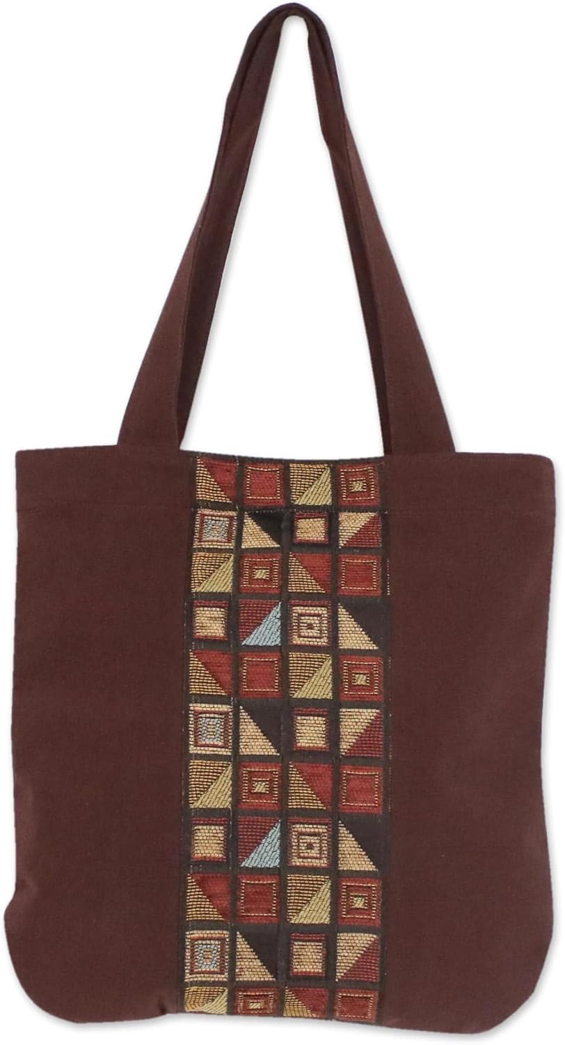 NOVICA Artisan Handmade Cotton Tote Bag Geometric Motif Brown Handbag from Thailand Handbags Patterned ' Native Geometry'