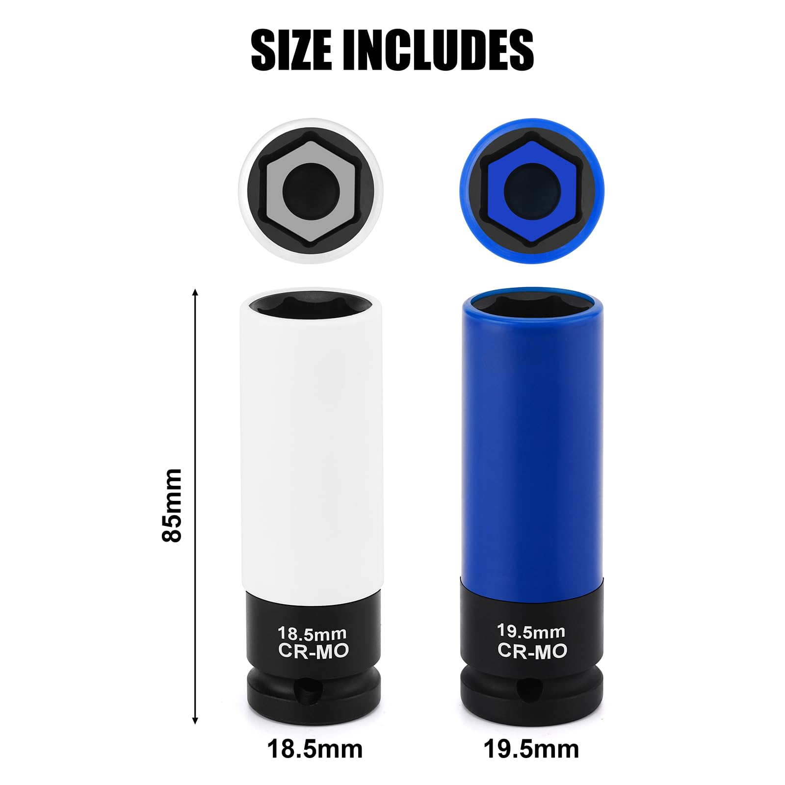 Mayouko 2 PCS 1/2-Inch Drive Wheel Socket Set, 6-Point,Thin Wall Deep Wheel Protector Impact Socket Set, CR-MO, 18.5mm, 19.5mm - Image 3