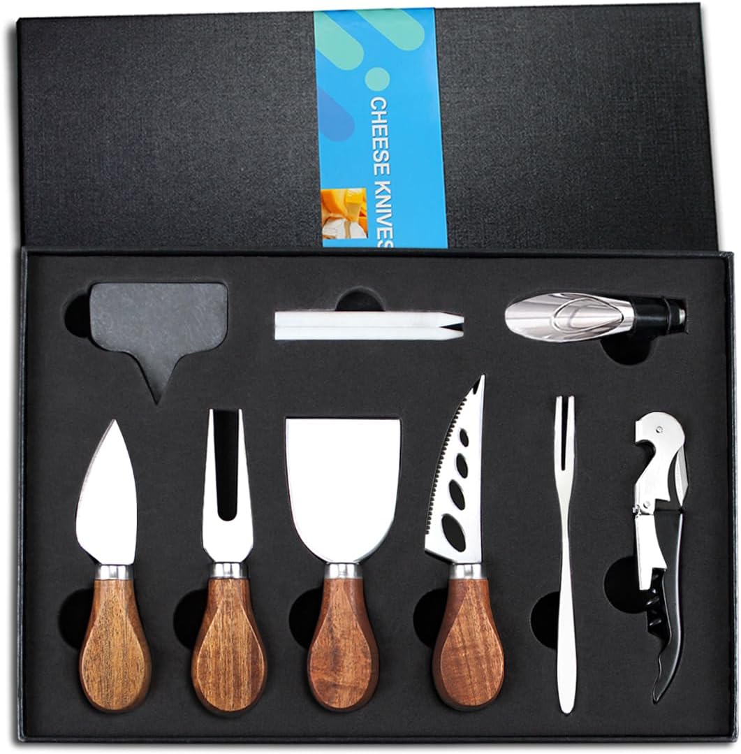 Cheese Knife Set 14 Piece, Stainless Steel Cheese Knives, Charcuterie Boards Accessories, Butter Spreader Knife with Corkscrew Wine Opener and Pourer – Premium Gift Box Cheese Knife Set 14 Piece, Stainless Steel Cheese Knives, Charcuterie Boards Accessories, Butter Spreader Knife with Corkscrew Wine Opener and Pourer – Premium Gift Box