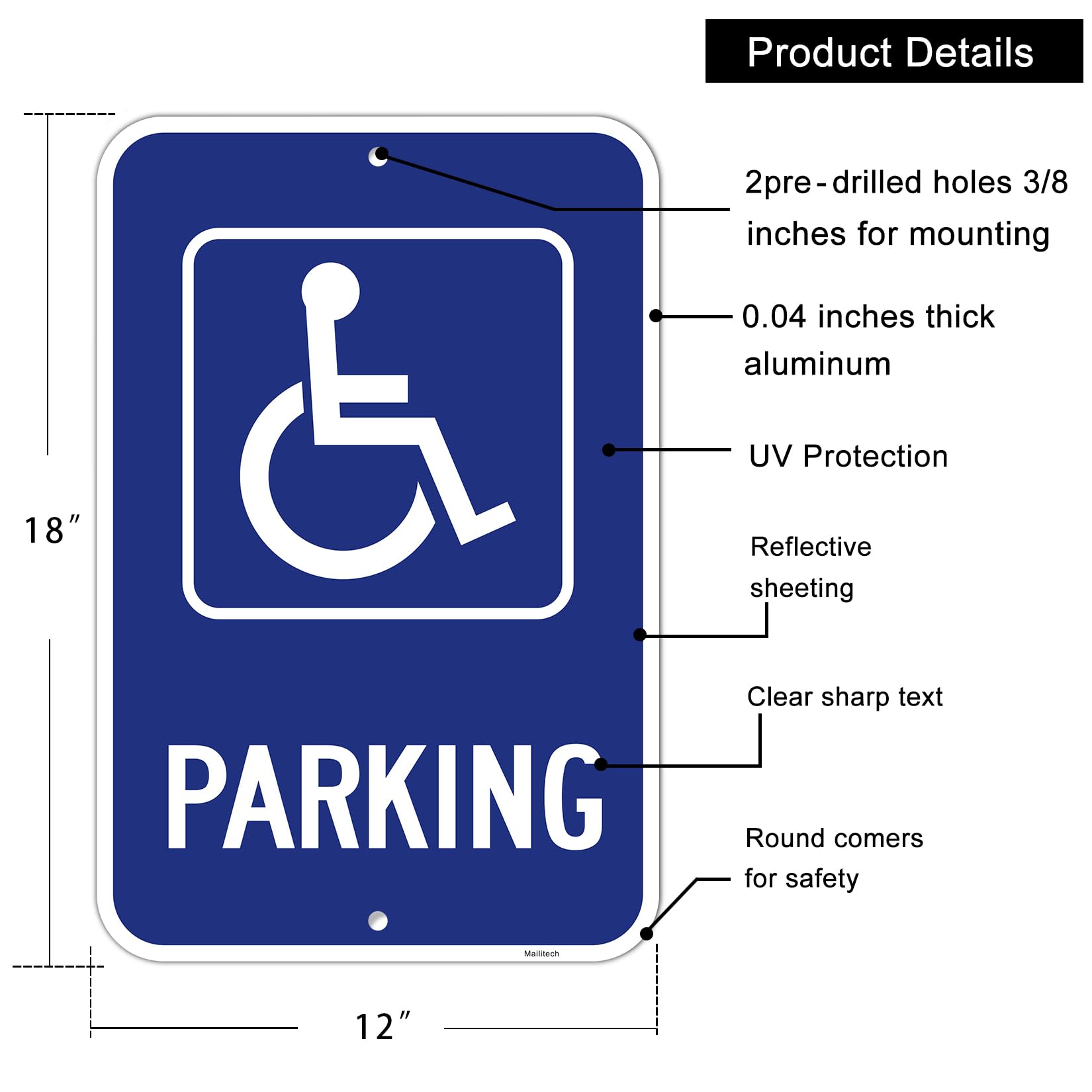 Letrero grande (4 unidades) de estacionamiento para discapacitados, 12 x 18 pulgadas, aluminio reflectante sin óxido, resistente a la decoloración, 2 agujeros preperforados fáciles de montar