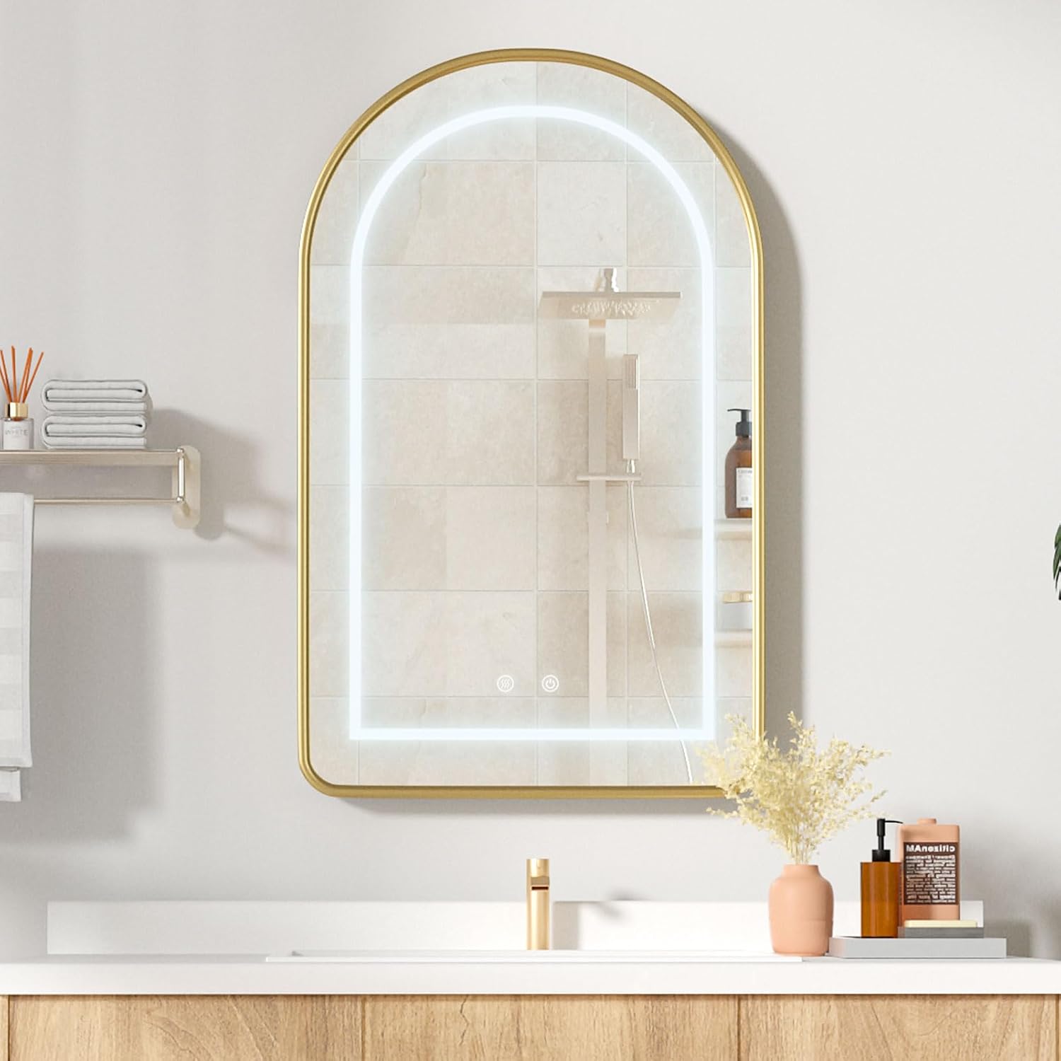 Lighted Arched Medicine Cabinet with LED Mirror - 20x31 Inch Recessed Bathroom Storage, Gold Arched Wall Mounted Mirror Cabinet, Arch Medicine Cabinet with Lights,Anti-Fog
