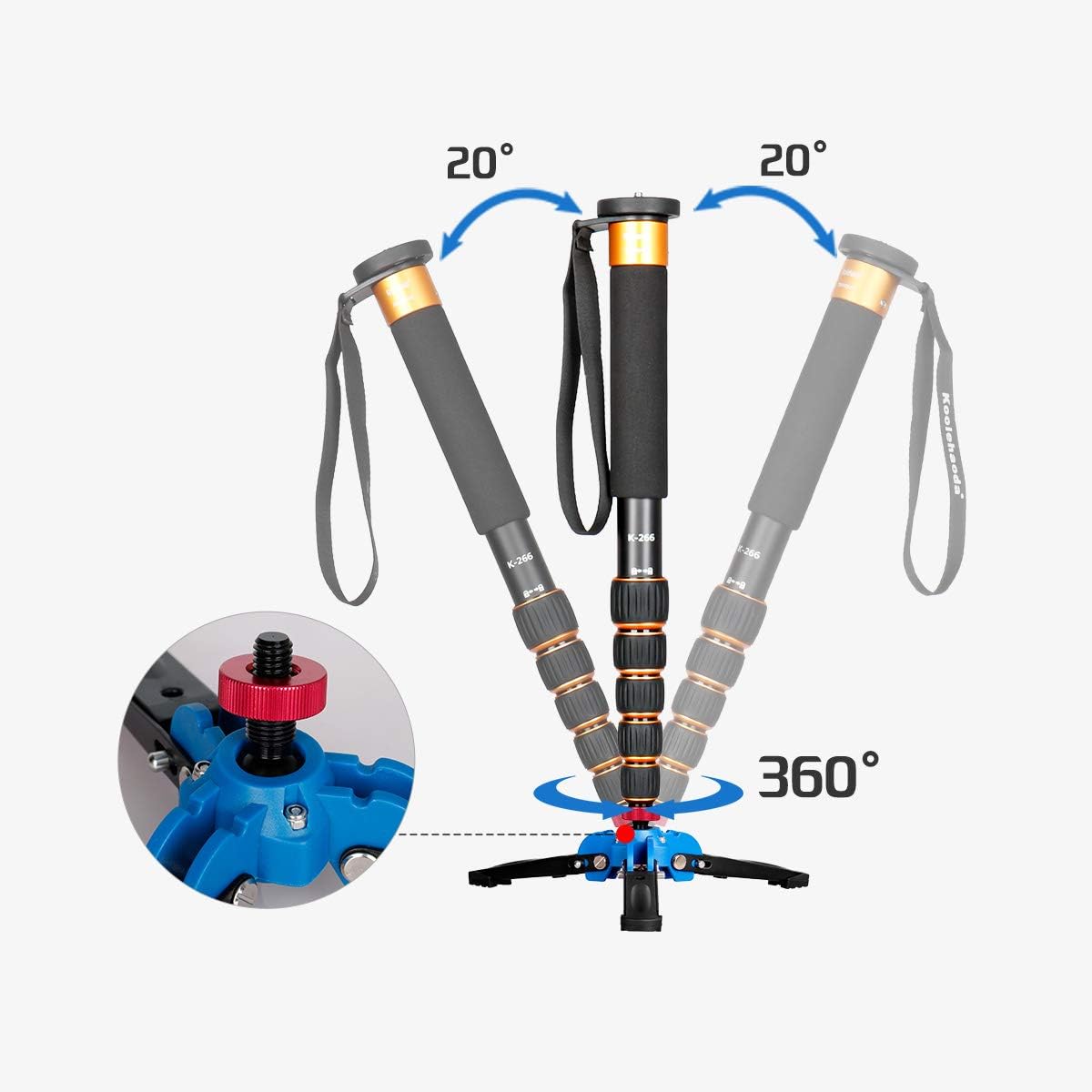 Koolehaoda Lightweight Portable 63-inches Camera Aluminium Monopod with Folding Three Feet Support Stand. 6-Section Leg, Leg max Diameter: Φ28MM, Folding Length: 42cm /16.5inch (K-266 Orange)