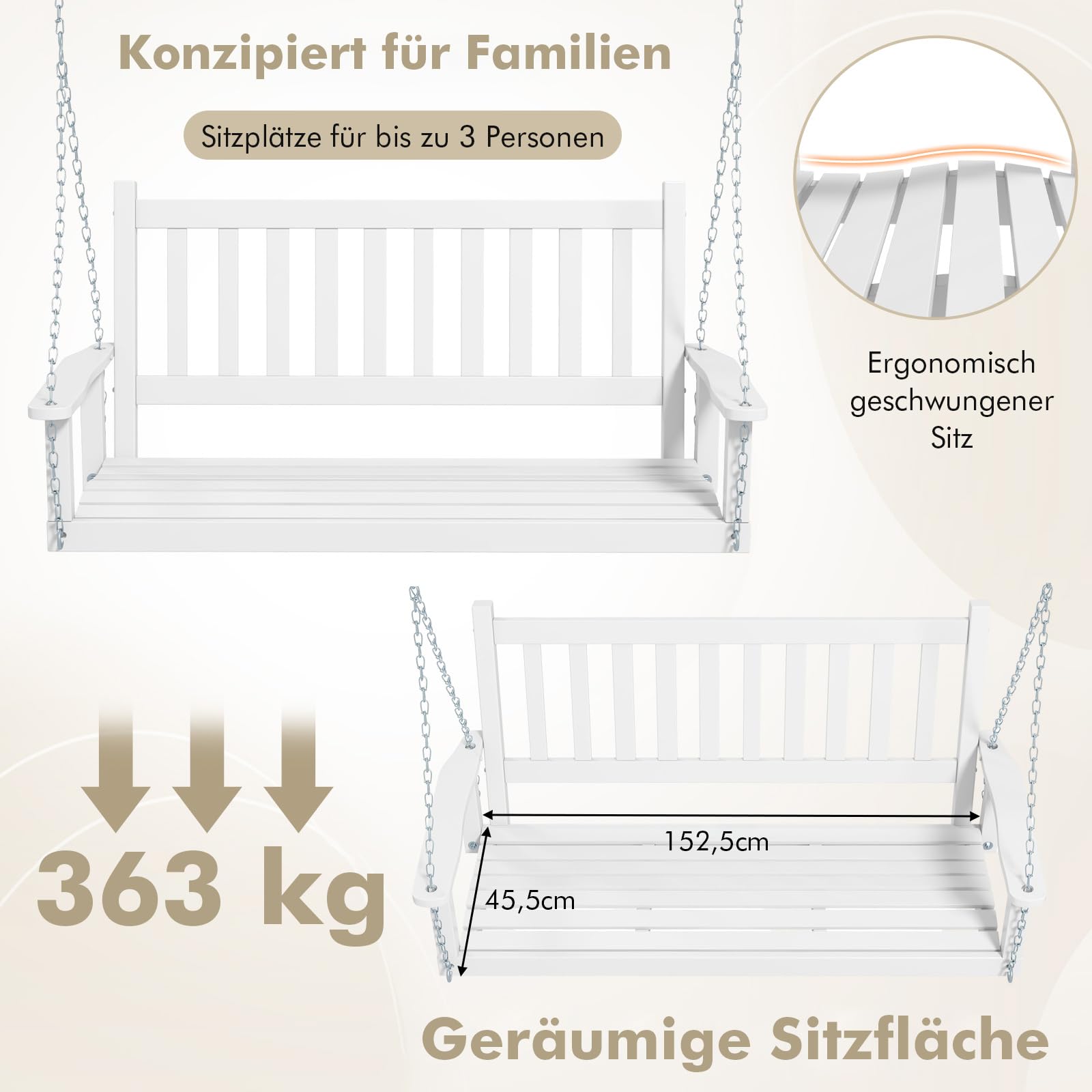 COSTWAY Hängebank aus Massivholz, 3-Sitzer Gartenschaukel zum Aufhängen, Hollywoodschaukel bis 360 kg belastbar, Outdoor-Schaukelbank für Terrasse, Garten, Hof, Weiß, 168 x 65 x 63 cm
