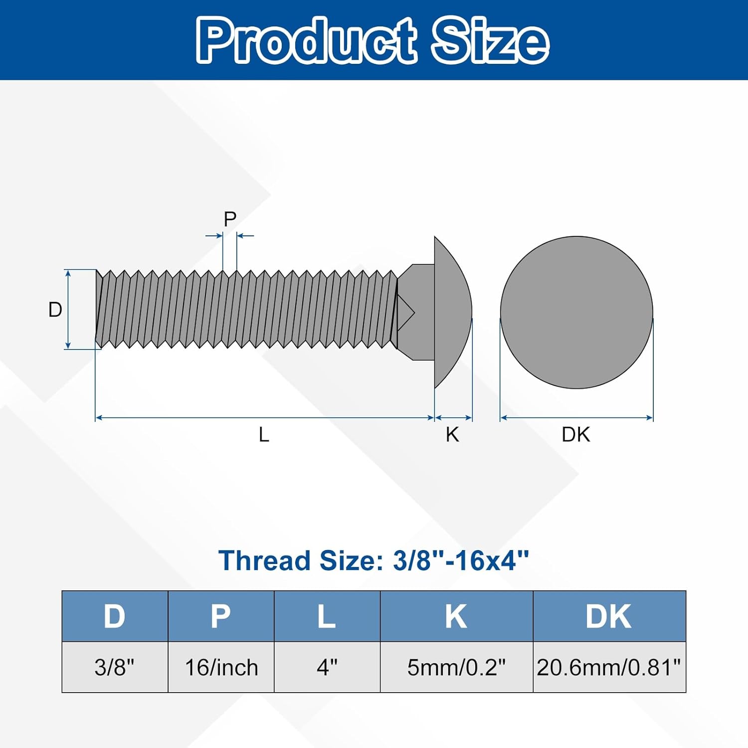 uxcell 25 Set Carriage Bolts and Nuts Kit, 3/8"-16x4 Carbon Steel Round Head Square Neck Carriage Bolts Screws and Hex Nuts and Flat Washers - Black